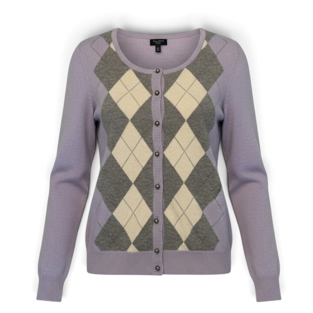 Talbots Argyle Wool Blend Cardigan Sweater Medium Lilac Gray Ivory Pearl Buttons